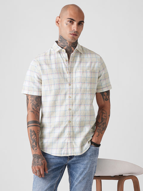 CHECKERED SLUB TAILORED HALF SLEEVE SHIRT