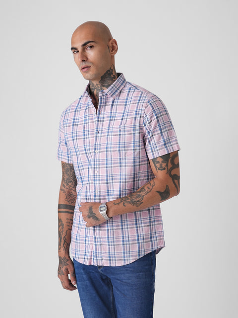 CHECKERED SLUB TAILORED HALF SLEEVE SHIRT