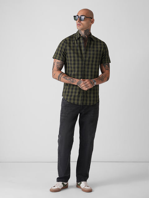 CHECKERED TWILL TAILORED HALF SLEEVE SHIRT