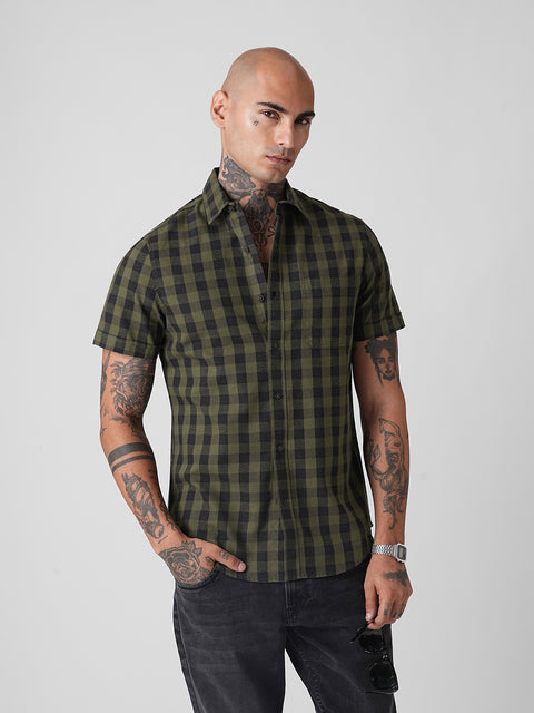 CHECKERED TWILL TAILORED HALF SLEEVE SHIRT