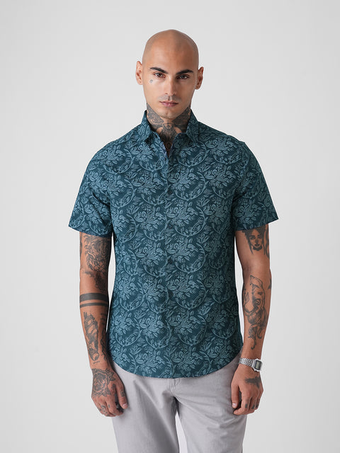 PRINTED TWILL TAILORED HALF SLEEVE SHIRT