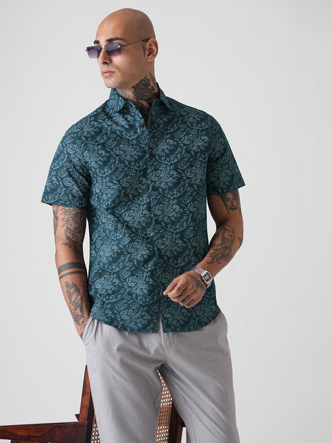 PRINTED TWILL TAILORED HALF SLEEVE SHIRT