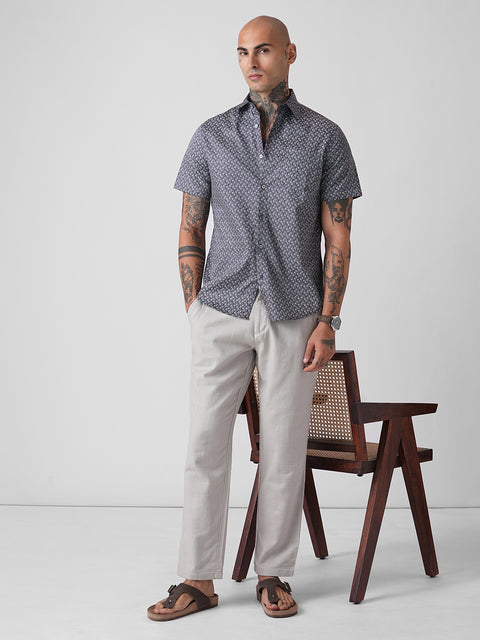 SATIN PRINTED TAILORED HALF SLEEVE SHIRT