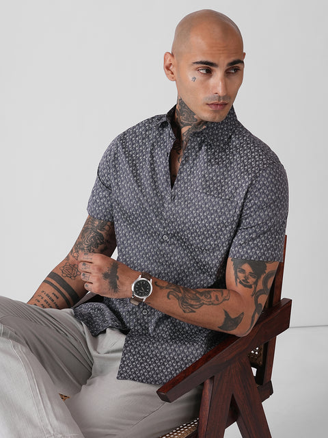 SATIN PRINTED TAILORED HALF SLEEVE SHIRT