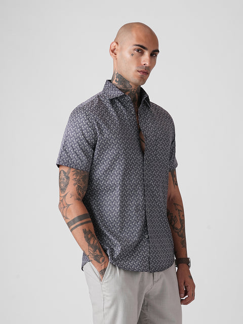 SATIN PRINTED TAILORED HALF SLEEVE SHIRT