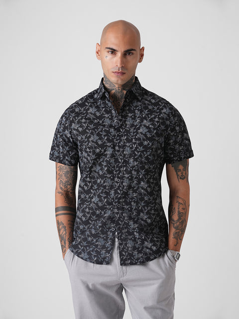 PRINTED TWILL TAILORED HALF SLEEVE SHIRT