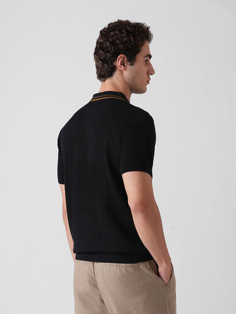 BLACK STRUCTURED FLATKNIT POLO T-SHIRT