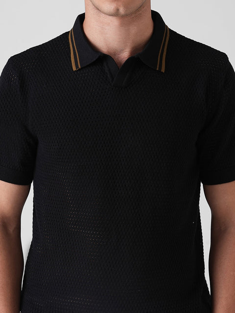 BLACK STRUCTURED FLATKNIT POLO T-SHIRT