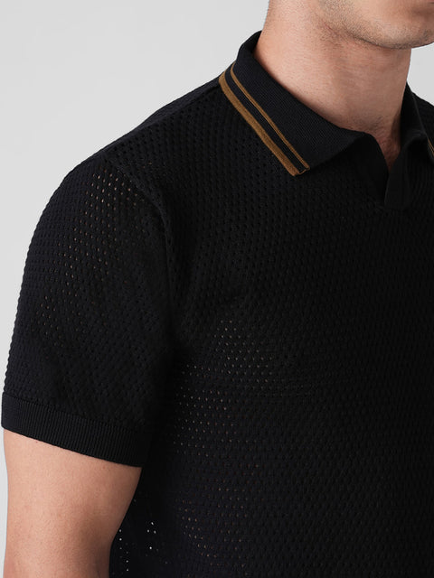 BLACK STRUCTURED FLATKNIT POLO T-SHIRT
