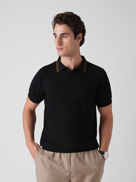 BLACK STRUCTURED FLATKNIT POLO T-SHIRT