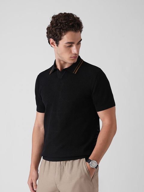 BLACK STRUCTURED FLATKNIT POLO T-SHIRT
