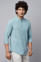 Aqua Blue Mandarin Collar Shirt Kurta - Kurta - 221123406