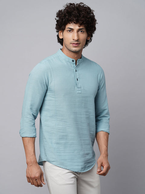 Aqua Blue Mandarin Collar Shirt Kurta - Kurta - 221123406