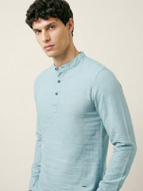 Aqua Blue Mandarin Collar Shirt Kurta - Kurta - 221123406