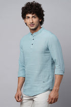 Aqua Blue Mandarin Collar Shirt Kurta - Kurta - 221123406