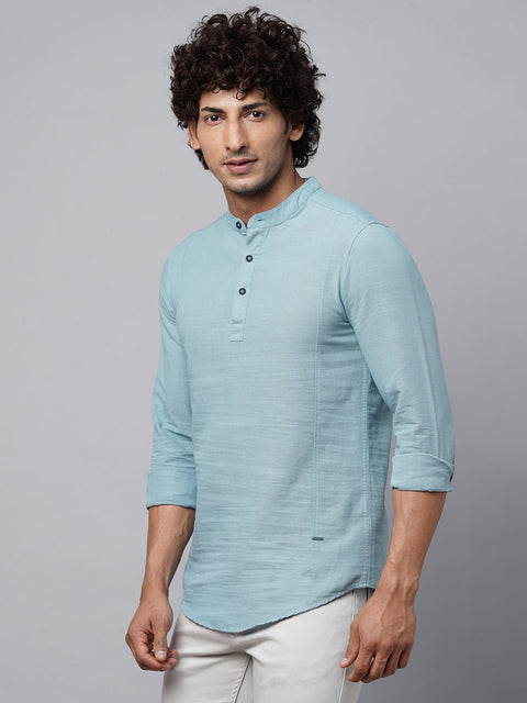 Aqua Blue Mandarin Collar Shirt Kurta - Kurta - 221123406