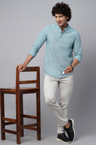 Aqua Blue Mandarin Collar Shirt Kurta - Kurta - 221123406