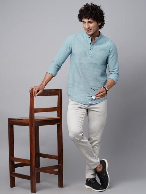 Aqua Blue Mandarin Collar Shirt Kurta - Kurta - 221123406