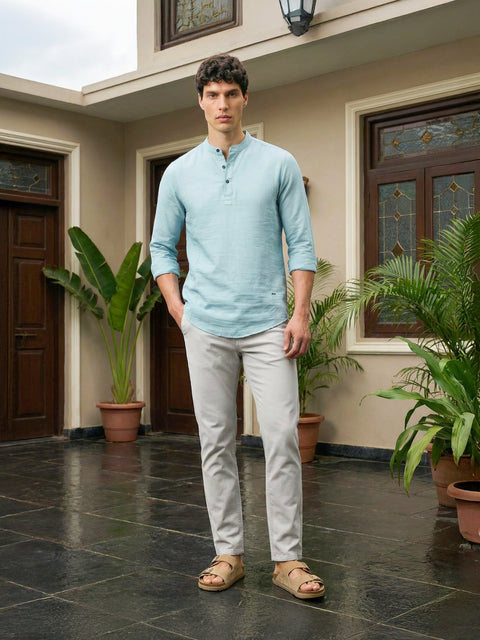 Aqua Blue Mandarin Collar Shirt Kurta - Kurta - 221123406