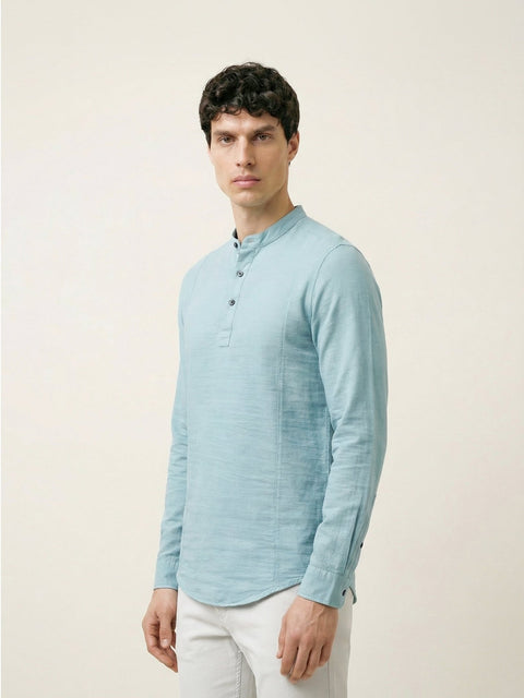 Aqua Blue Mandarin Collar Shirt Kurta - Kurta - 221123406