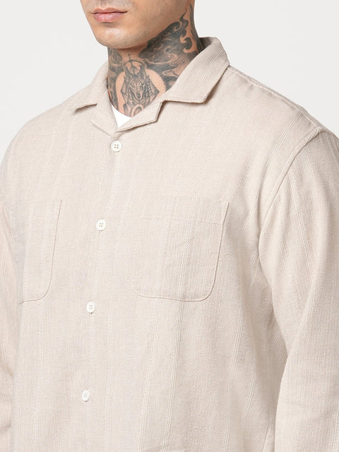 BEIGE CUBAN COLLAR RELAXED FIT SHIRT-Shirt - 250932609