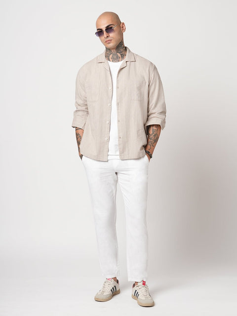 BEIGE CUBAN COLLAR RELAXED FIT SHIRT-Shirt - 250932609