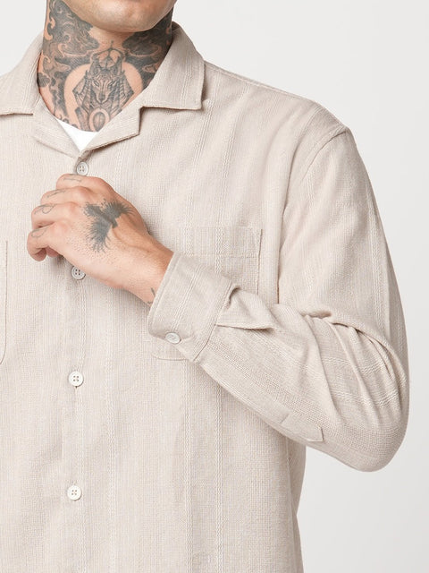 BEIGE CUBAN COLLAR RELAXED FIT SHIRT-Shirt - 250932609