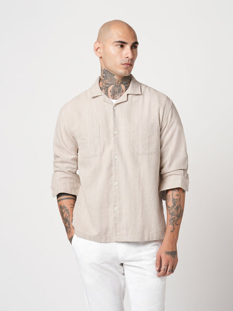 BEIGE CUBAN COLLAR RELAXED FIT SHIRT-Shirt - 250932609