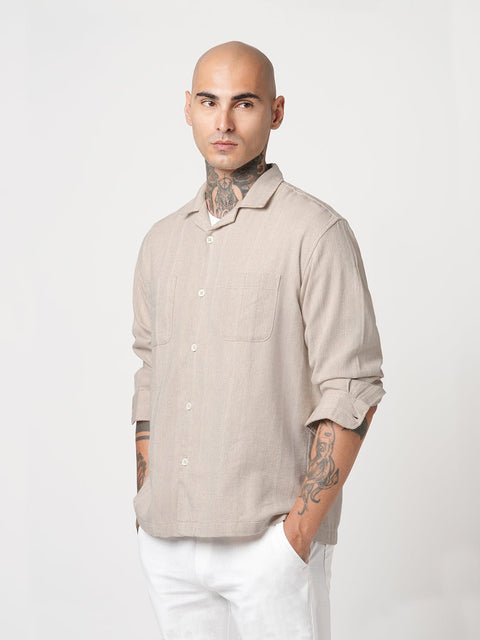 BEIGE CUBAN COLLAR RELAXED FIT SHIRT-Shirt - 250932609