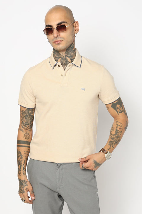 BEIGE PLAIN HALF SLEEVE POLO - T Shirt - 2506301298