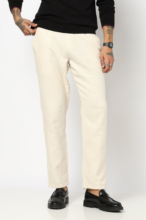 BEIGE PLAIN TRAVELLER FIT COTTON MENS TROUSER - Trousers - 250840974
