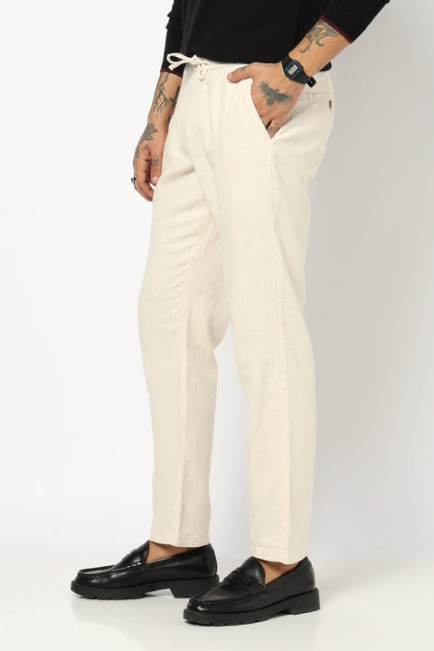 BEIGE PLAIN TRAVELLER FIT COTTON MENS TROUSER - Trousers - 250840974