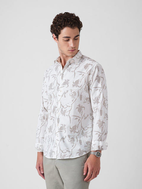 BEIGE PRINTED SLUB COTTON SHIRT-Shirt - 251133946