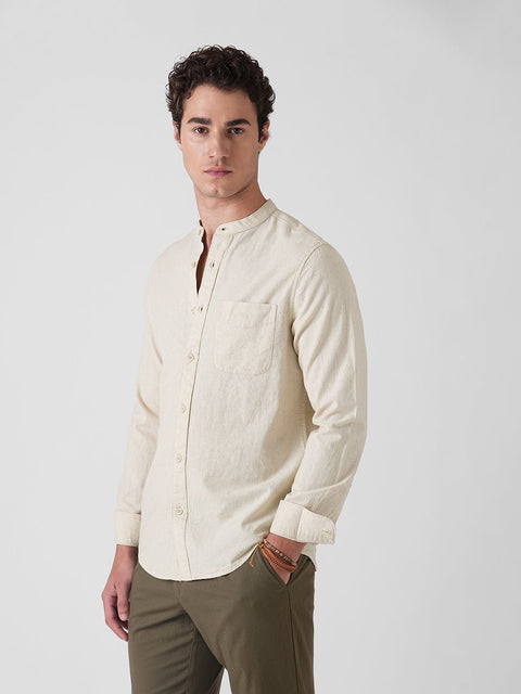 BEIGE SLUB MANDARIN COLLAR SHIRT-Shirt - 260134731