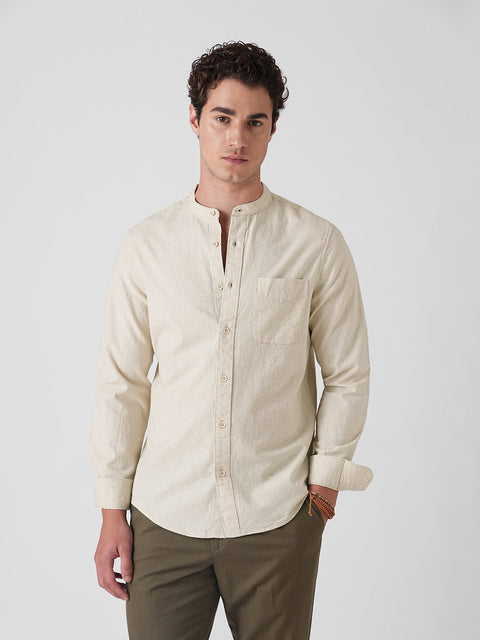BEIGE SLUB MANDARIN COLLAR SHIRT-Shirt - 260134731
