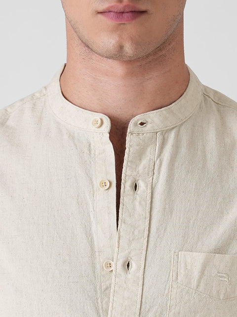 BEIGE SLUB MANDARIN COLLAR SHIRT-Shirt - 260134731