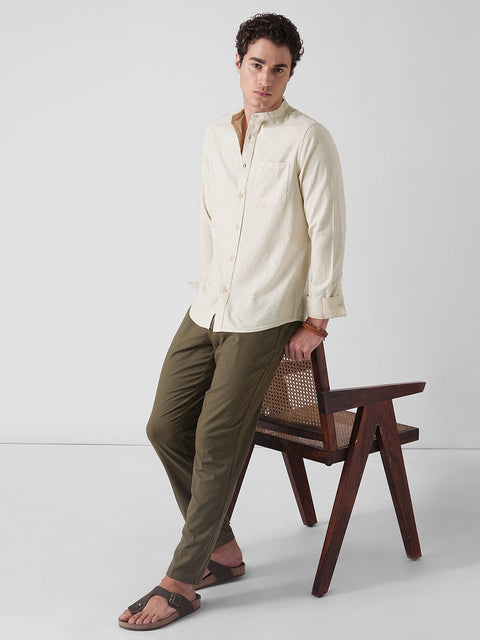 BEIGE SLUB MANDARIN COLLAR SHIRT-Shirt - 260134731