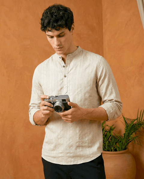 BEIGE STRIPED DOBBY KURTA - Kurta - 251133891