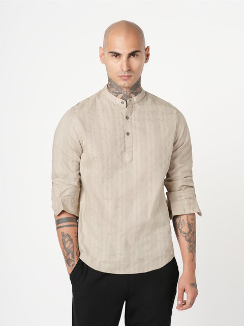 BEIGE STRIPED DOBBY KURTA - Kurta - 251133891