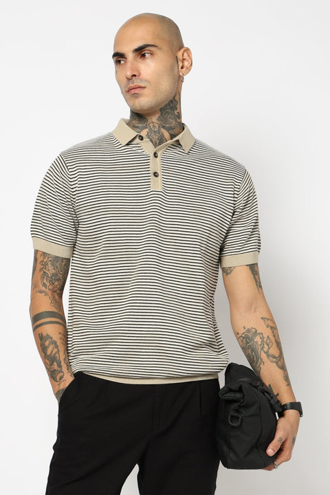 BEIGE STRIPED FLATKNIT POLO - T Shirt - 250830667