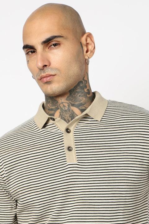 BEIGE STRIPED FLATKNIT POLO - T Shirt - 250830667