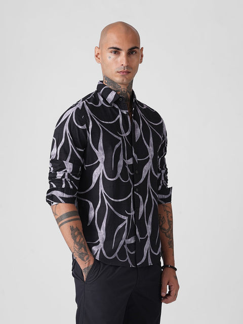 BLACK ABSTRACT PRINT DOBBY SHIRT-Shirt - 250832086