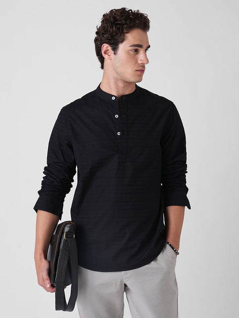 BLACK DOBBY STRIPE MANDARIN COLLAR KURTA - Kurta - 260134875