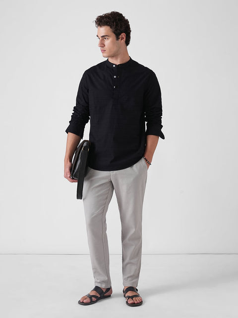 BLACK DOBBY STRIPE MANDARIN COLLAR KURTA - Kurta - 260134875