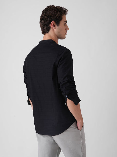 BLACK DOBBY STRIPE MANDARIN COLLAR KURTA - Kurta - 260134875
