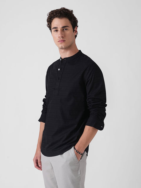 BLACK DOBBY STRIPE MANDARIN COLLAR KURTA - Kurta - 260134875