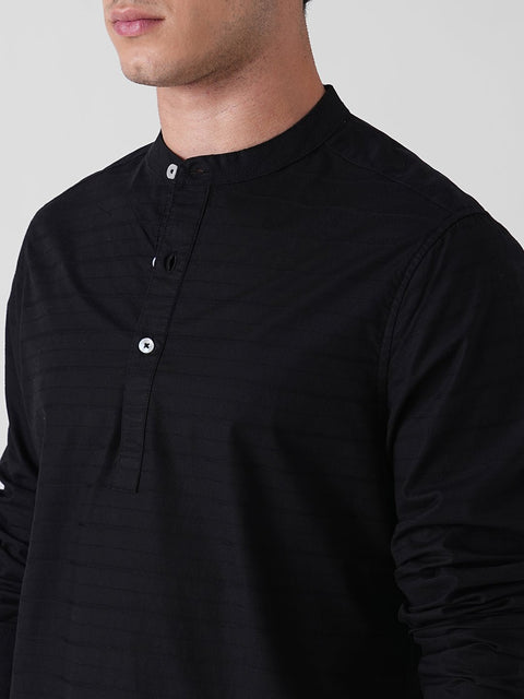 BLACK DOBBY STRIPE MANDARIN COLLAR KURTA - Kurta - 260134875