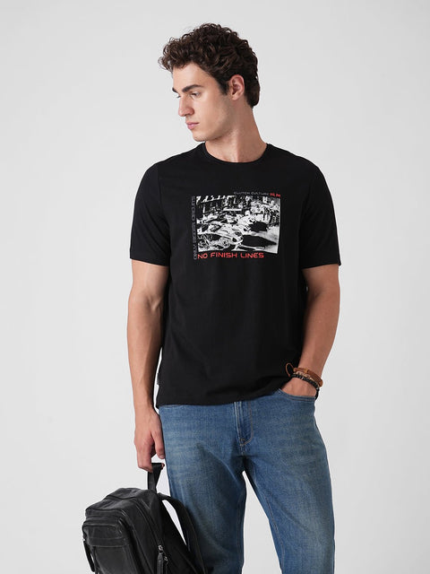 BLACK GRAPHIC ROUND NECK T - SHIRT - T Shirt - 250930896