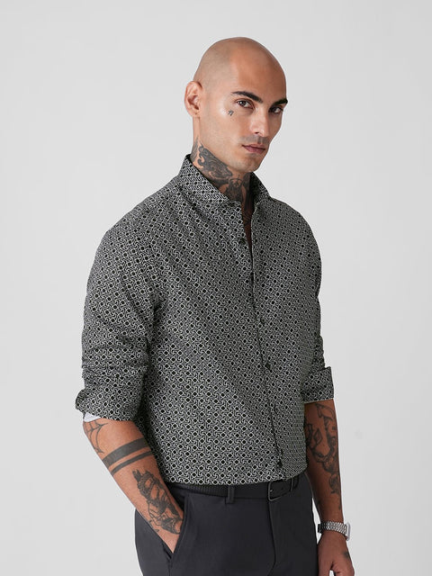BLACK MICRO PRINT SATIN TAILORED SHIRT-Shirt - 251134136