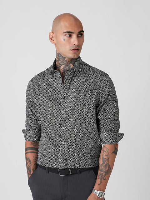BLACK MICRO PRINT SATIN TAILORED SHIRT-Shirt - 251134136